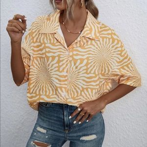 Yellow Print Button Up Shirt Blouse